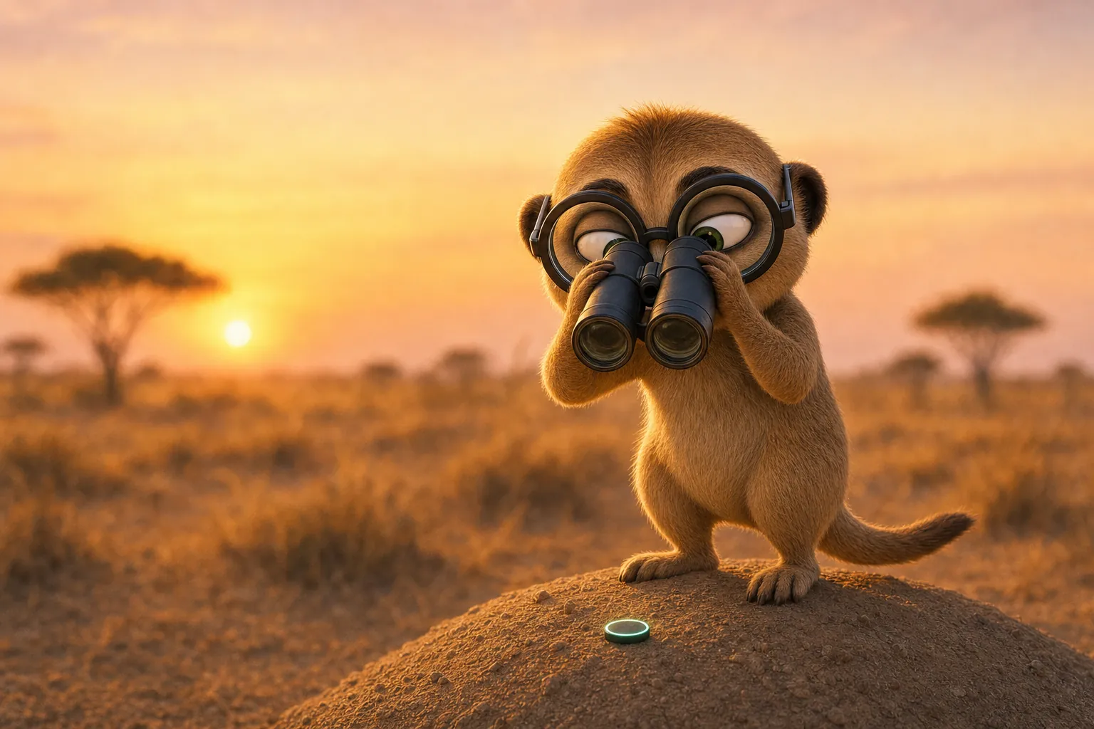 He looks through big black binoculars at the far horizon. The glowing coin lies in the sand at his feet.