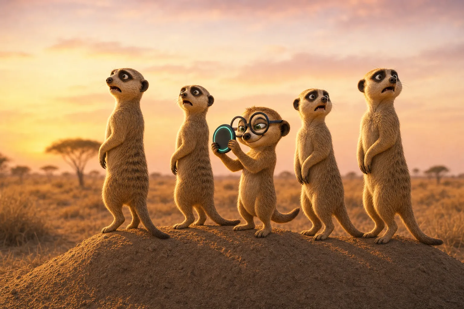 Five meerkats on the mound at golden hour. Four stare at the sky, scared. He wears very thick glasses and smiles at a glowing coin held at his nose.