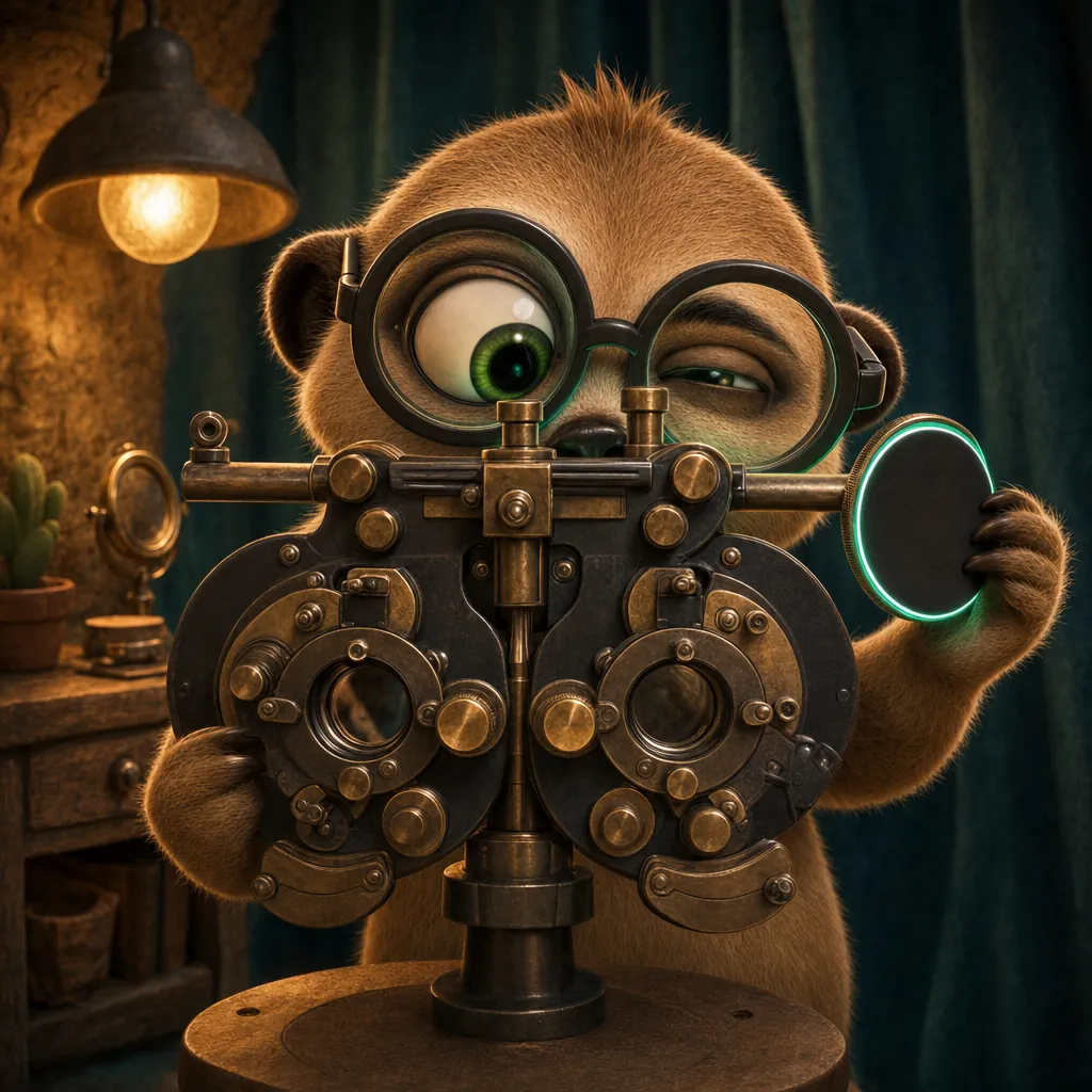 The meerkat in thick glasses peeks over a big brass eye-test machine, one eye huge behind his lens