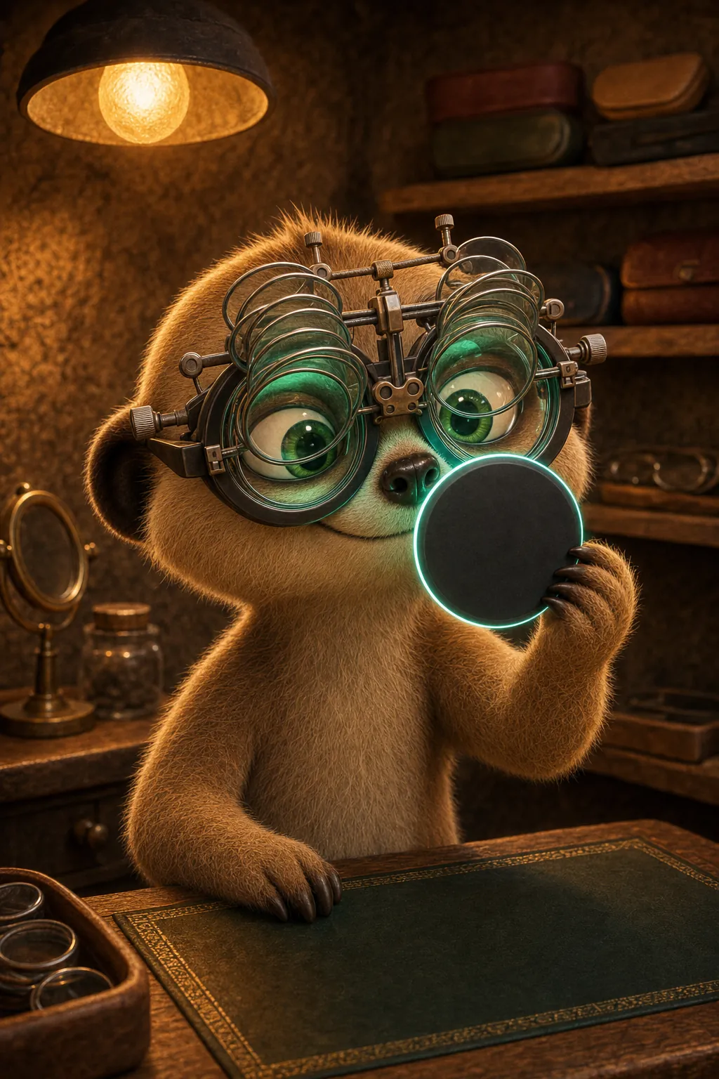 The meerkat wears a big brass trial frame full of lenses. He holds a glowing coin right in front of his nose.